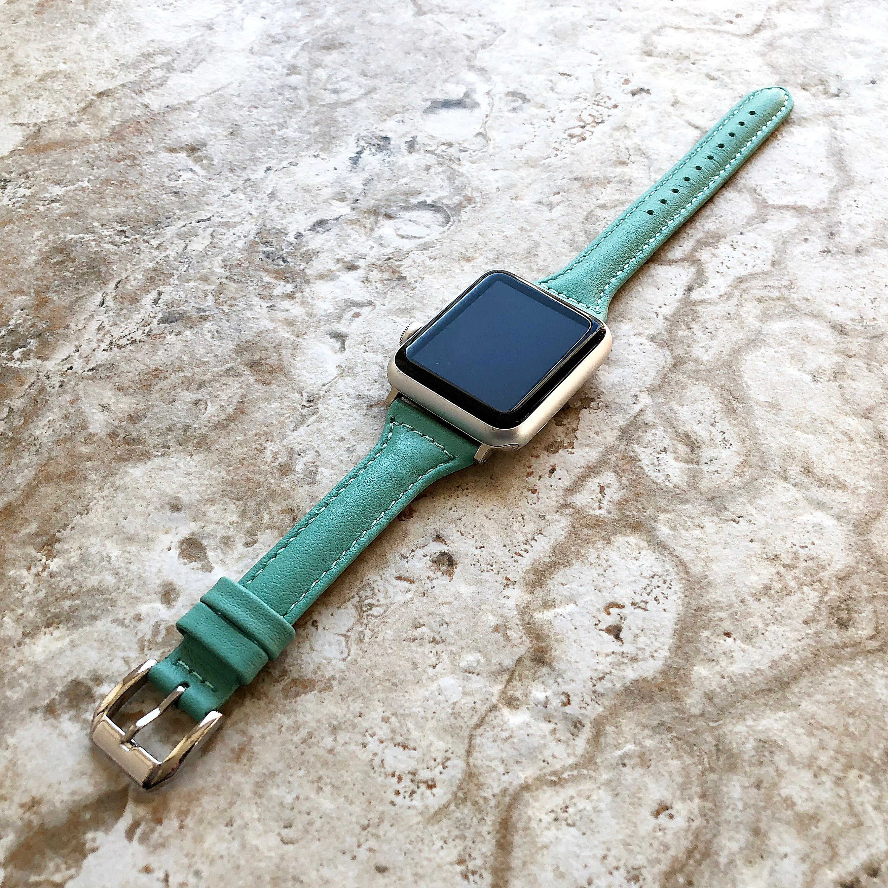 Apple Green Color Slim Elegant Soft Leather Band Strap Bracelet for iWatch All Series 38mm 40mm 41mm 42mm 44mm 45mm 49mm Case